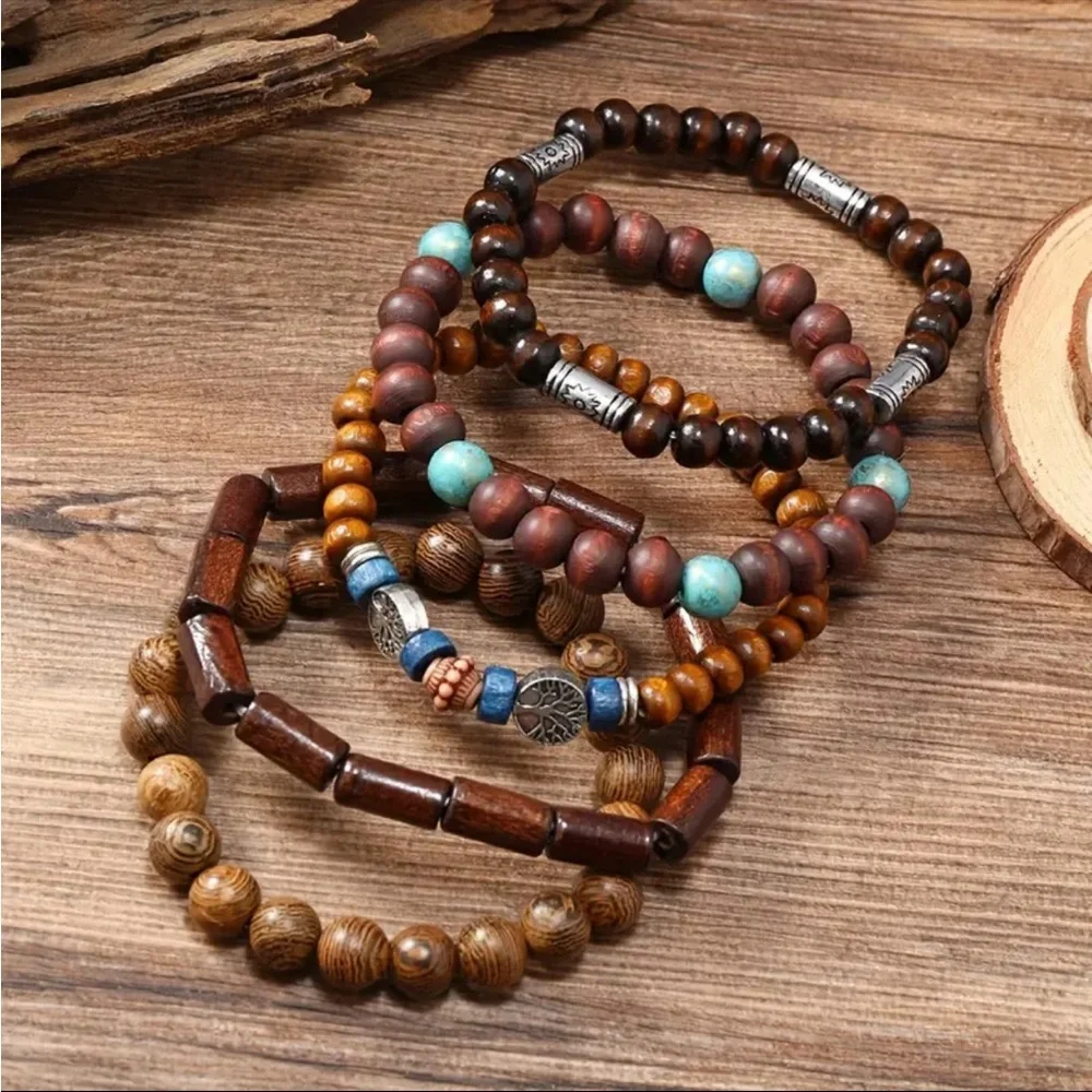5 Pcs/Set Vintage-Inspired Simple Fashion Elastic Wooden Bead‎ Couple Bracelet